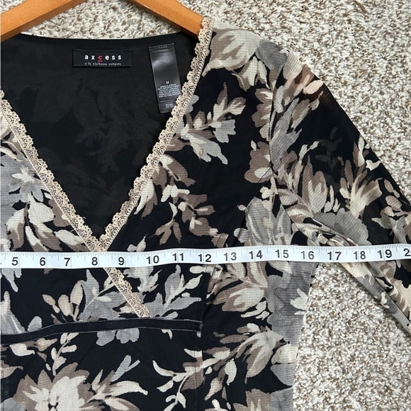 🦋 Axcess by Liz Claiborne Black Cream Floral Sheer V-Neck Blouse Y2K Medium - Picture 6 of 7